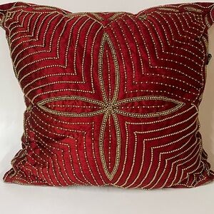 Borgata Red Gold Tone Beaded Throw Pillow Christmas Red Accent Pillow 17X16